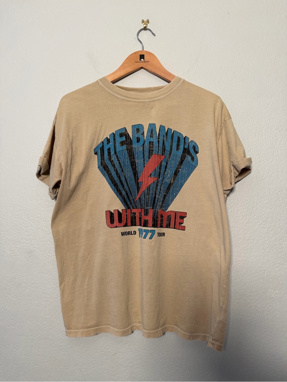 Vintage-Style Graphic Tee "The Band's With Me" in Tan by Girl Dangerous -Medium